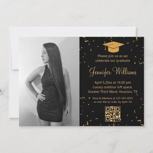Invitation photo graduation party qr code confetti noir or (Devant)