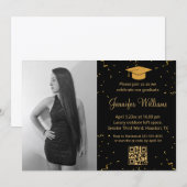 Invitation photo graduation party qr code confetti noir or (Devant / Derrière)