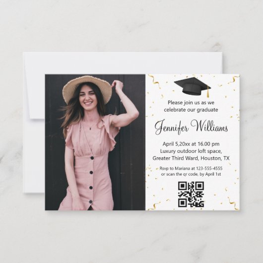 Invitation photo graduation party qr code rsvp confetti (Devant)