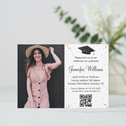 Invitation photo graduation party qr code rsvp confetti (Debout devant)
