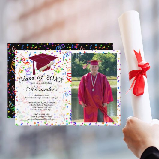 Invitation Photo Graduation Red Casquette Confetti Classe Par