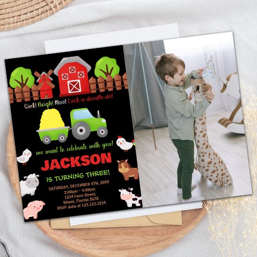 Invitation Photo Green Black Red Farm Animaux Anniversaire