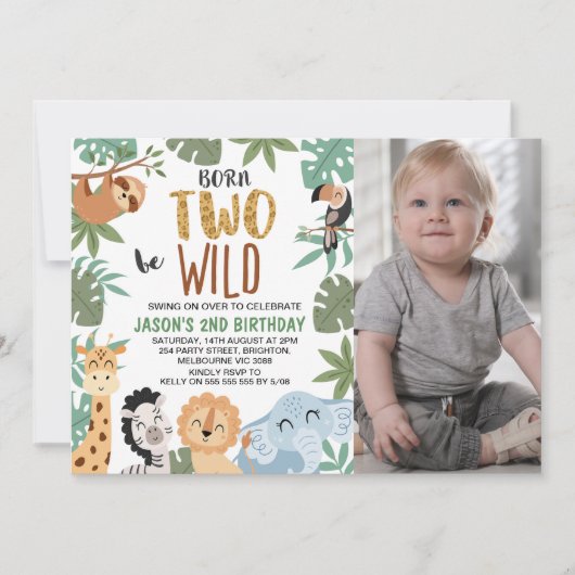 Invitation Photo Green Brown Born Two Be Wild 2nd Birthday (Devant)