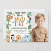 Invitation Photo Green Brown Young Wild Three 3rd Birthday (Devant)