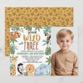 Invitation Photo Green Brown Young Wild Three 3rd Birthday (Devant / Derrière)