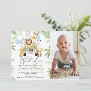 Invitation Photo Green Car Safari Wild One 1er anniversaire