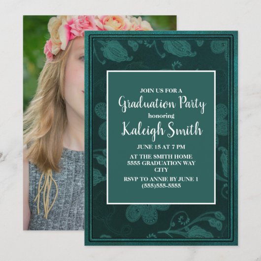 Invitation Photo Green Floral White Graduation Party (Devant / Derrière)