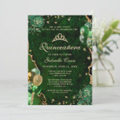Invitation Photo Green Gold Floral Agate Quinceanera (Debout devant)