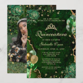 Invitation Photo Green Gold Floral Agate Quinceanera (Devant / Derrière)
