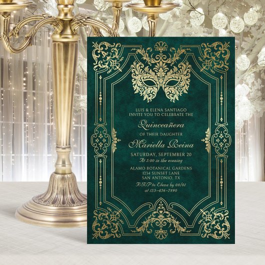 Invitation Photo Green Gold Masquerade Quinceanera