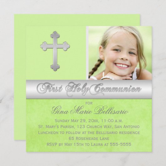 Invitation photo Green Silver First Holy Communion (Devant / Derrière)