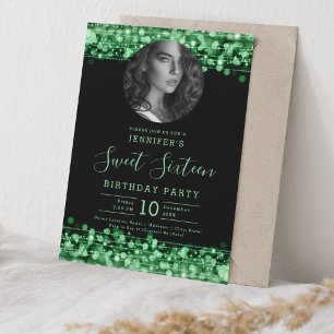 Invitation PHOTO Green Sparkles Sweet 16 fête d'anniversaire
