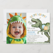 Invitation Photo Green Stomp Chomp Roar Dinosaur 1er annivers (Devant)
