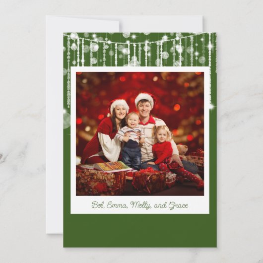 Invitation Photo Green White String Lights Christmas Card (Dos)