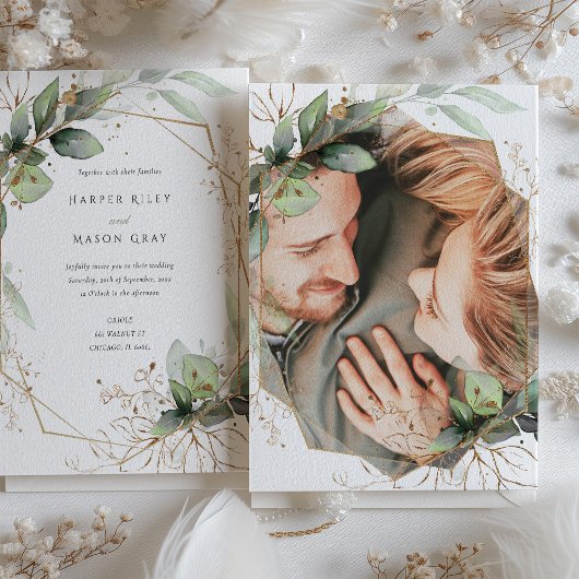 Invitation Photo Greenery et Mariage d'or Faux