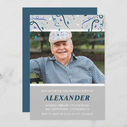 Invitation Photo Grey pour lui Confetti 94e anniversaire (Devant / Derrière)