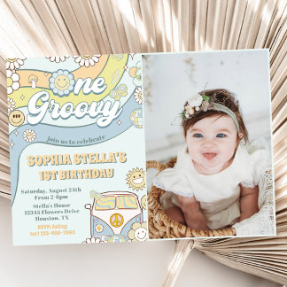 Invitation Photo Groovy Retro Rainbow 1er Birthday Party