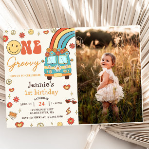 Invitation Photo Groovy Retro Rainbow 1er Birthday Party