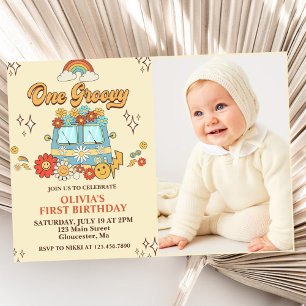 Invitation Photo Groovy Retro Rainbow 1er Birthday Party