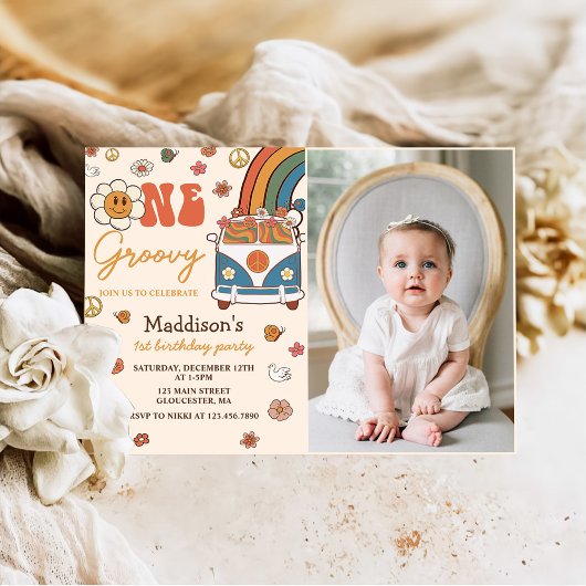 Invitation Photo Groovy Retro Rainbow 1er Birthday Party