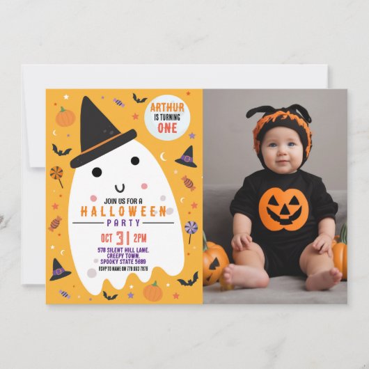 Invitation Photo Halloween Anniversaire Joyeux Fantôme (Devant)