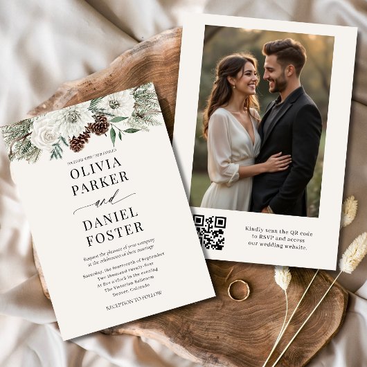 Invitation Photo hiver à feuillage persistant QR Code Mariage