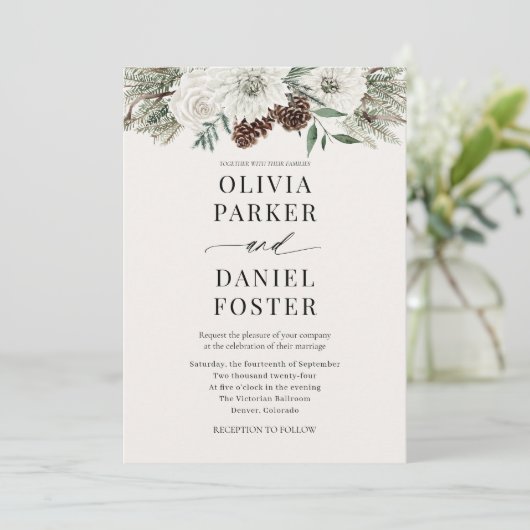 Invitation Photo hiver à feuillage persistant QR Code Mariage (Debout devant)