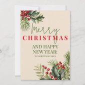 Invitation Photo Holly Pine Red Berries Beige Christmas Card (Devant)