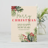 Invitation Photo Holly Pine Red Berries Beige Christmas Card (Debout devant)