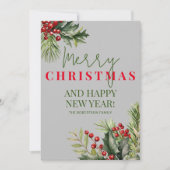 Invitation Photo Holly Pine Red Berries Grey Christmas Card (Devant)