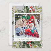 Invitation Photo Holly Pine Red Berries Grey Christmas Card (Dos)