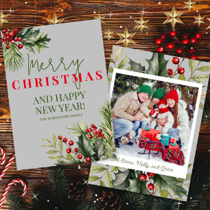 Invitation Photo Holly Pine Red Berries Grey Christmas Card