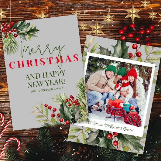 Invitation Photo Holly Pine Red Berries Grey Christmas Card