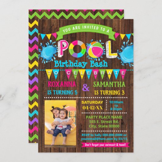 Invitation Photo Hot Pink Pool fête d'anniversaire bash combi (Devant / Derrière)