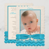 Invitation photo IMPRIMÉ RIBBON Baptism - Blue Che (Devant / Derrière)