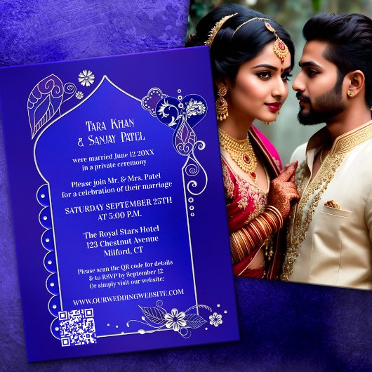 Invitation Photo Indigo Blue Silver Henna après le Mariage