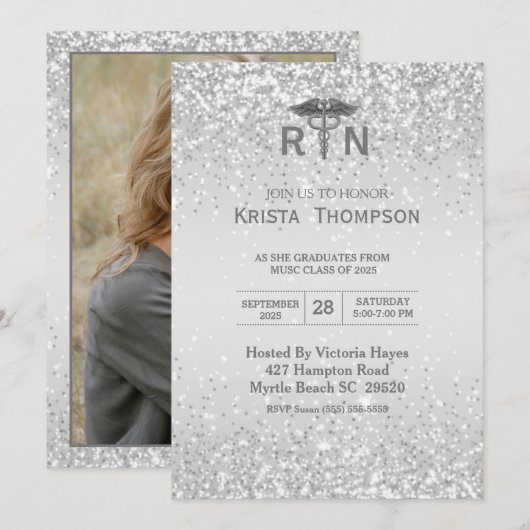 Invitation Photo Infirmière inscrite Graduation Argent (Devant / Derrière)