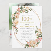 Invitation Photo Ivory White Rose 100e fête d'anniversaire (Devant / Derrière)