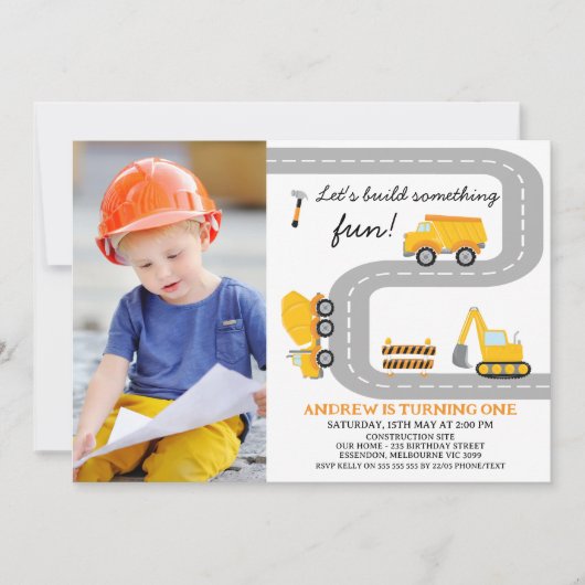 Invitation Photo Jaune Construction Fun Construction 1er Anni (Devant)