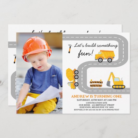 Invitation Photo Jaune Construction Fun Construction 1er Anni (Devant / Derrière)