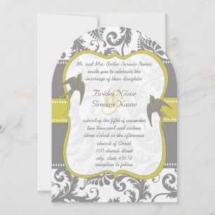 Invitation Photo Jaune & Gris Oiseaux Vintage Damassé Mariage