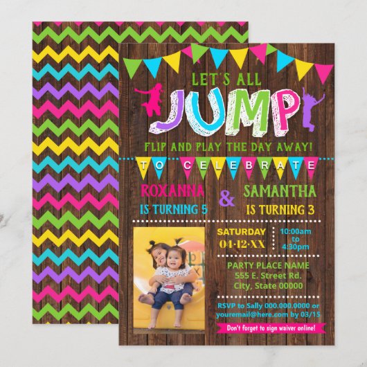 Invitation Photo Jump anniversaire trampoline combiné fête (Devant / Derrière)