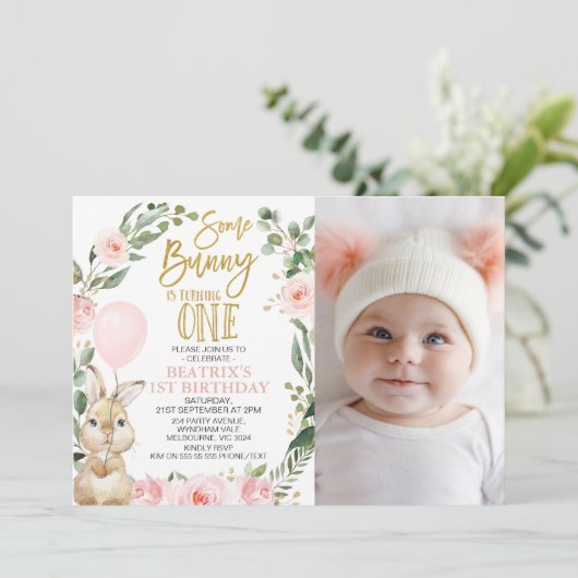 Invitation Photo Lapin Rose Turner un 1er anniversaire (Debout devant)