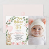 Invitation Photo Lapin Rose Turner un 1er anniversaire (Devant / Derrière)