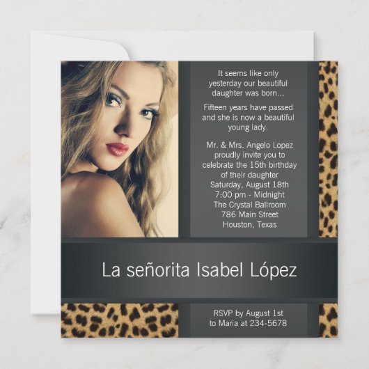 Invitation Photo Leopard personnalisée Quinceanera (Devant)