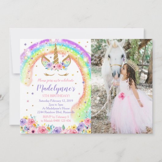 Invitation Photo Licorne Arc-en-Ciel Photo Arc-en- (Devant)