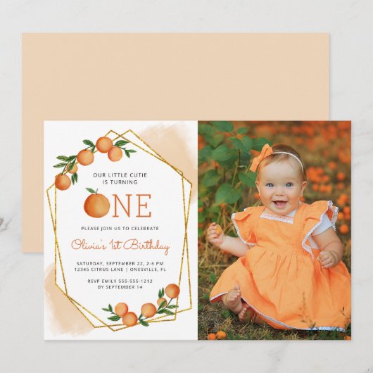Invitation Photo Little Cutie Orange 1er anniversaire (Devant / Derrière)