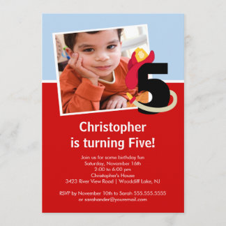 Invitation Photo Little Firefighter Boy Cinquième fête d'anni