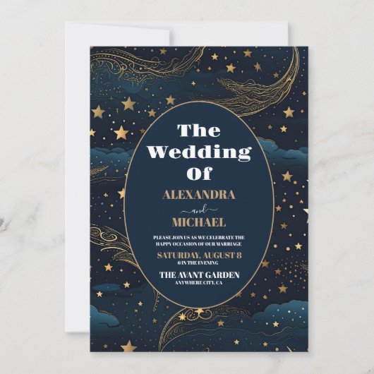 Invitation Photo Lune Croissante Céleste Mariage Or (Devant)