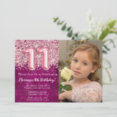 Invitation Photo Magenta Parties scintillant rose 11e anniver (Debout devant)